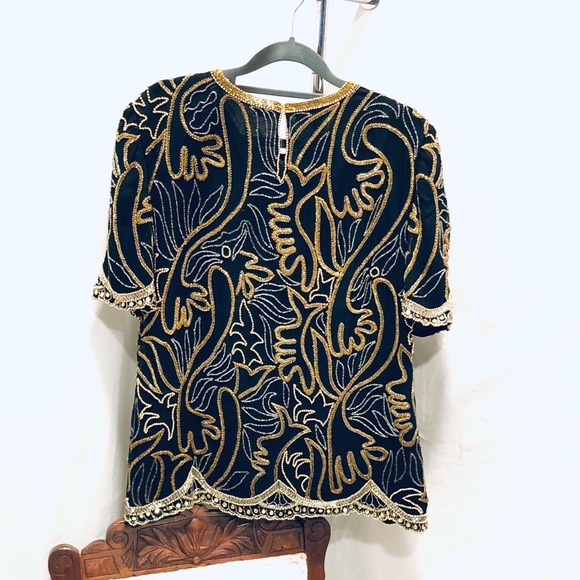 Vtg Women's Silk Beaded Blouse, Black & Gold, Maximalist, Short Sleeve, L / M - Picture 6 of 11